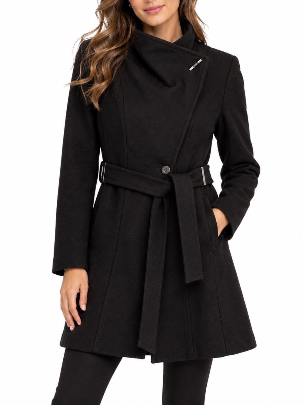 Calvin Klein Black Wool Blend Belted Wrap Coat Size Small S $425 MSRP